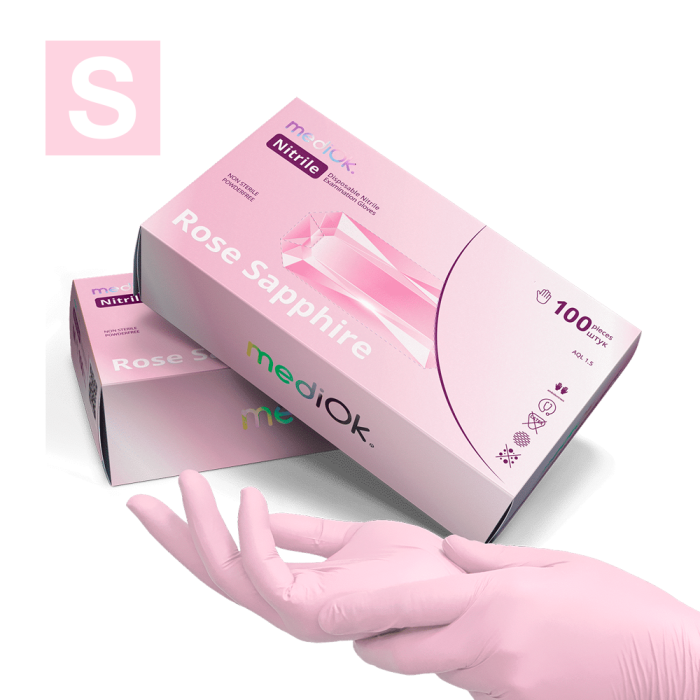 Рукавички нітрилові MediOk Rose Sapphire - 50 пар, розмір S (без пудрі), ніжно-рожеві, 3,8 г