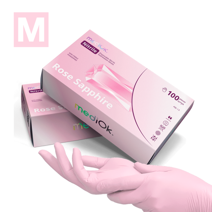 Рукавички нітрилові MediOk Rose Sapphire - 50 пар, розмір M (без пудри), ніжно-рожеві, 3,8 г