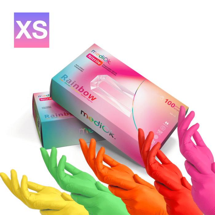 Рукавички нітрилові MediOk Rainbow - 50 пар, розмір XS, (без пудрі) різнокольорові, 3,8 г
