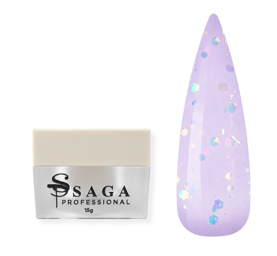 Гель моделюючий SAGA Professional Liquid Party Gel №02, прозоро-бузковий із блискітками, 15 мл