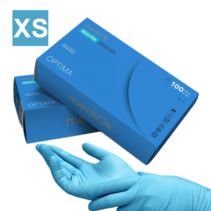 Рукавички нітрилові MediOk Optima - 50 пар, розмір XS (без пудри) блакитні, 3,0 г