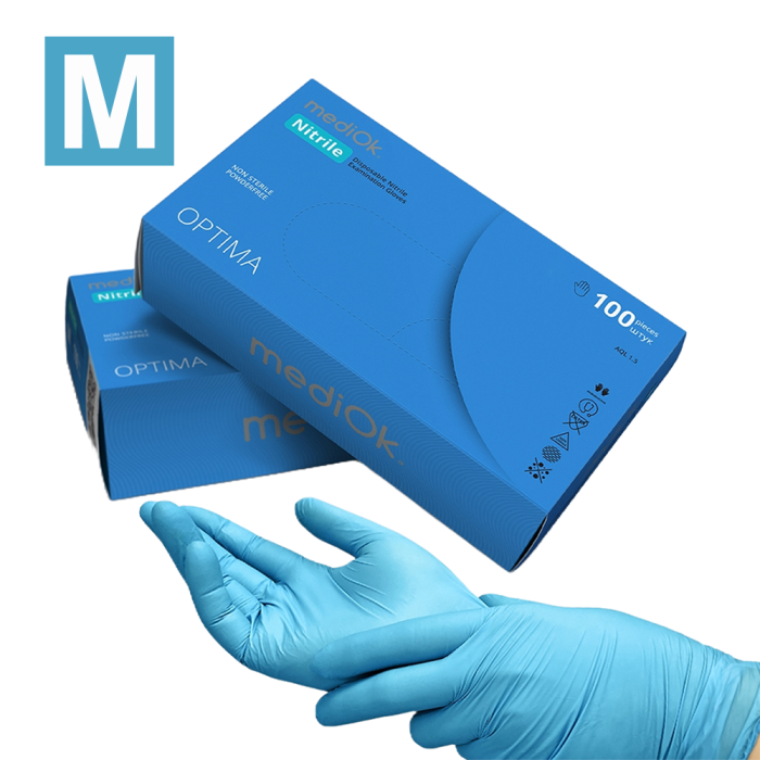 Рукавички нітрилові MediOk Optima - 50 пар, розмір M (без пудри) блакитні, 3,0 г