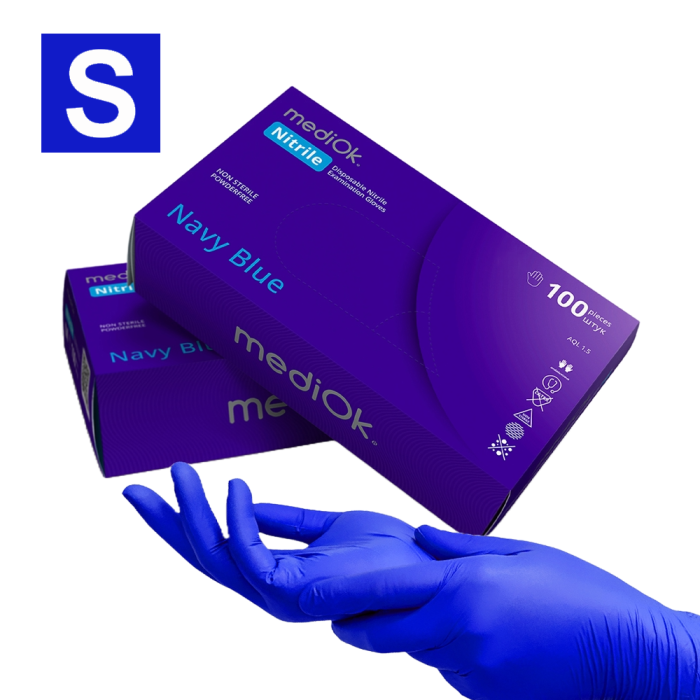 Рукавички нітрилові MediOk Navy Blue - 50 пар, розмір S (без пудри) сині, 3,7 г
