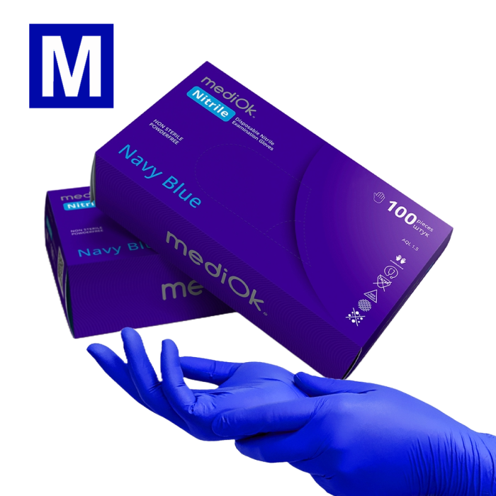 Рукавички нітрилові MediOk Navy Blue - 50 пар, розмір М (без пудри) сині, 3,7 г