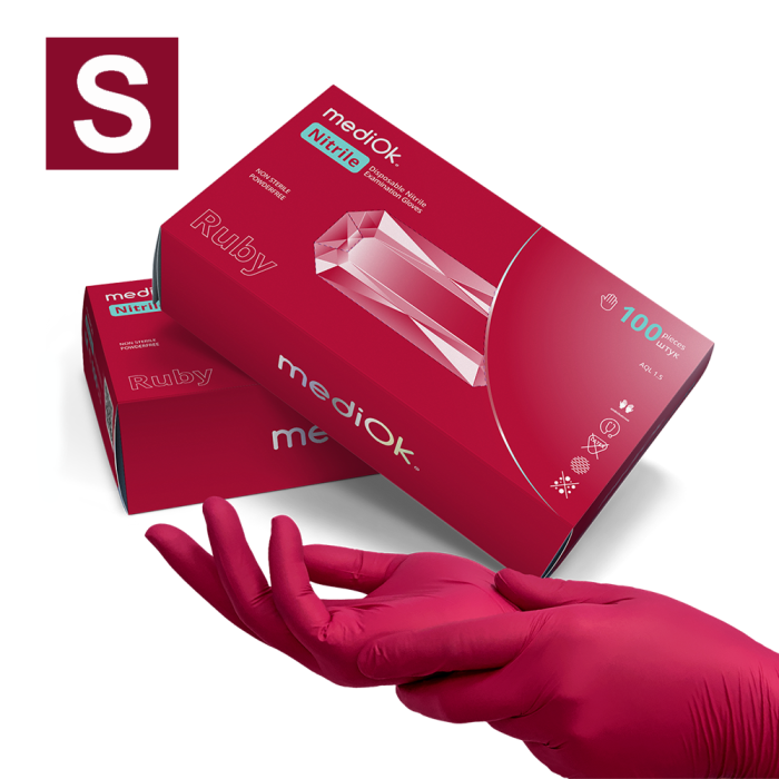 Рукавички нітрилові MediOk Ruby - 50 пар, розмір S (без пудри) бордові, 3,8 г