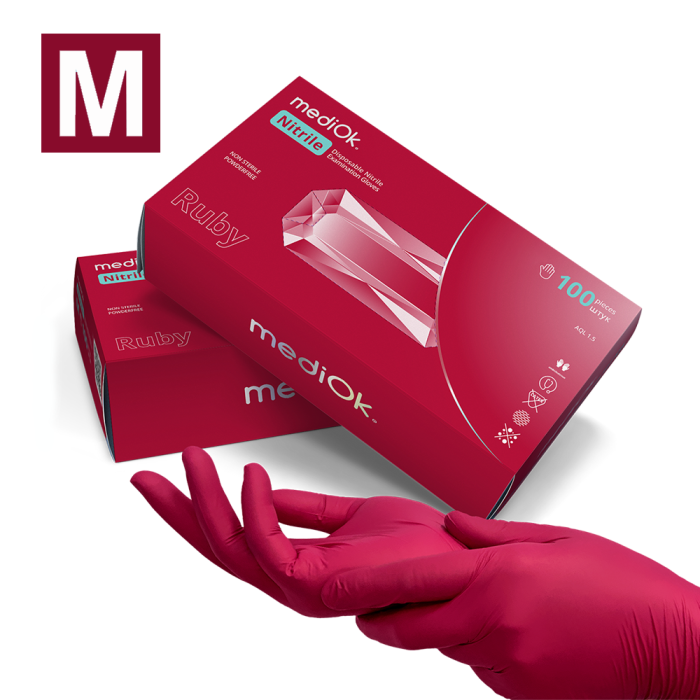 Рукавички нітрилові MediOk Ruby - 50 пар, розмір S (без пудри) бордові, 3,8 г