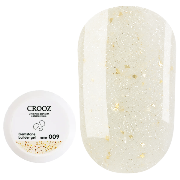Гель для нарощування Crooz Gemstone Builder gel №09, ніжно-жовтий із золотою поталлю, 15 мл