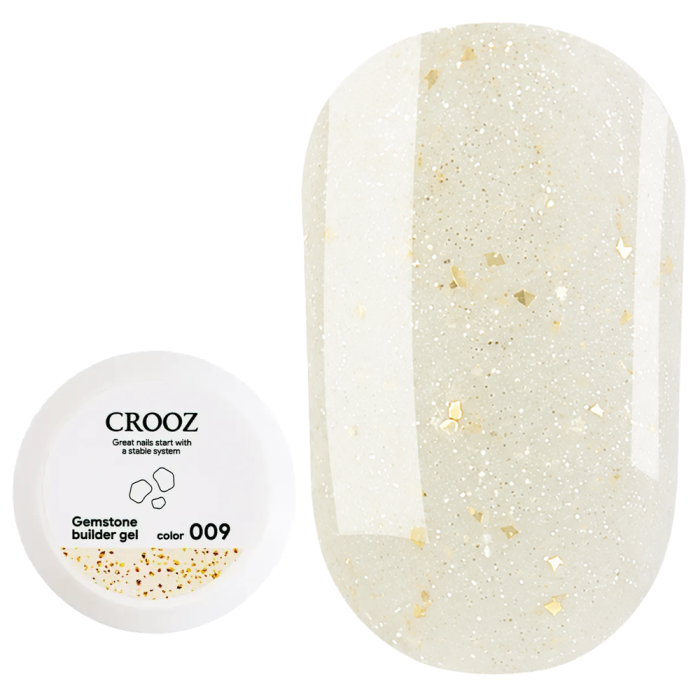 Гель для нарощування Crooz Gemstone Builder gel №09, ніжно-жовтий із золотою поталлю, 15 мл