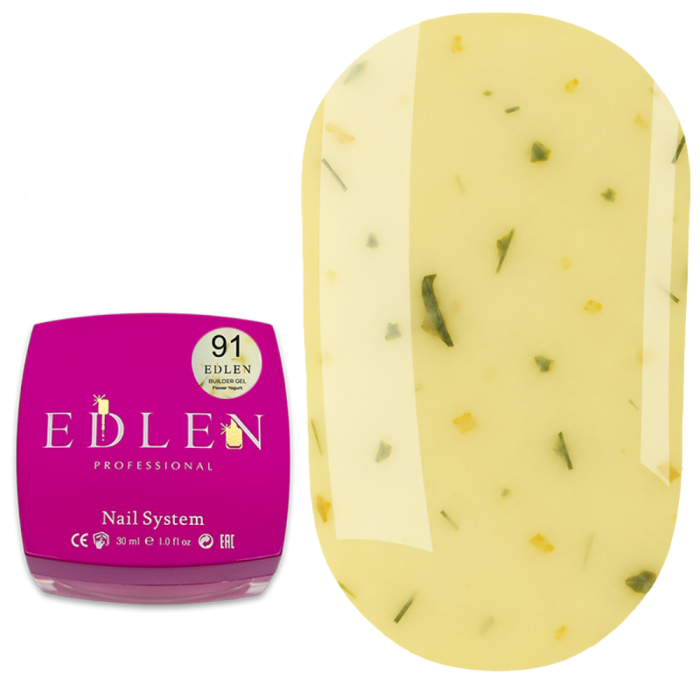 Гель для нарощування Edlen Builder Gel Flower Yogurt №91, жовтий із жовтими сухоцвітами, 30 мл