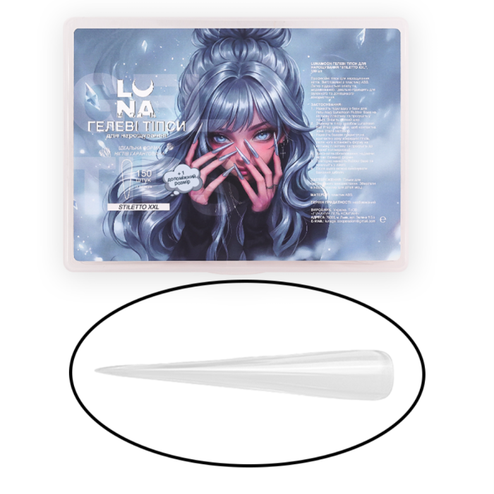 Гелевые типсы для наращивания LUNA Stiletto XXL, стиллет, 11+1 размеров, 120 шт.