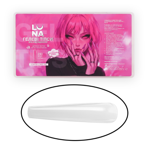 Гелевые типсы для наращивания LUNA Coffin Long XXL,11+1 размеров, 240 шт.