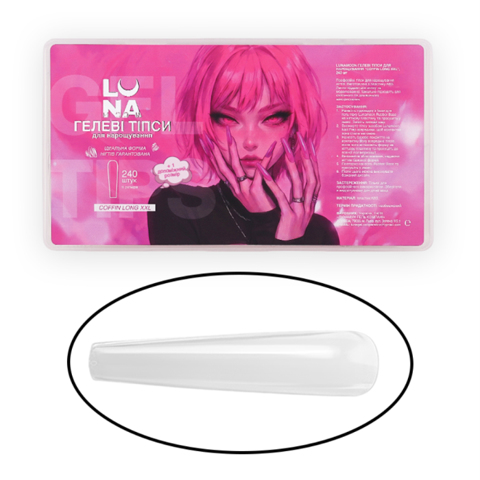 Гелеві типси для нарощування LUNA Coffin Long XXL,11+1 розмірів, 240 шт.