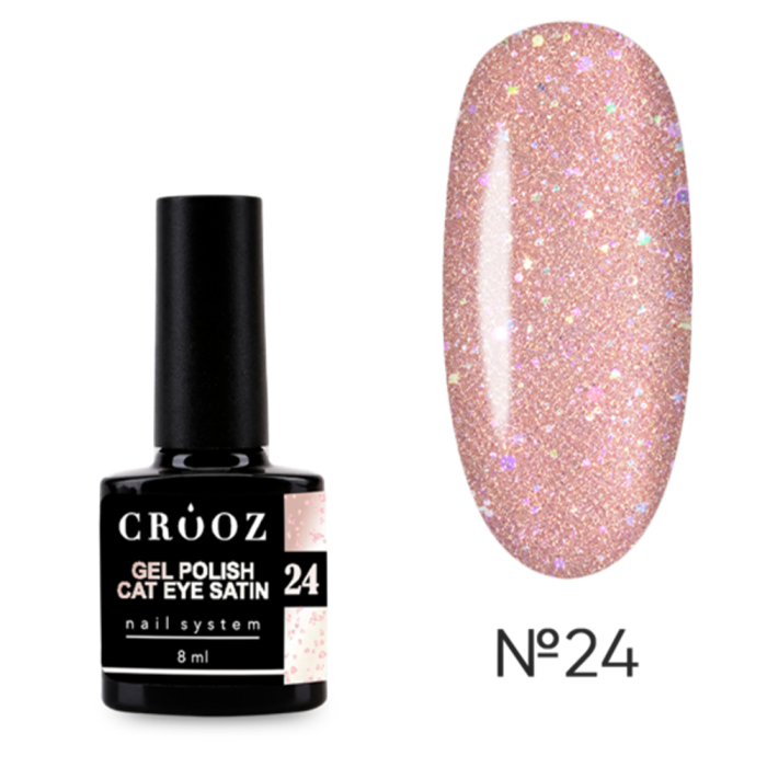 Гель-лак кошачий глаз Crooz Cat Satin №24, серебристо-розовый с розовой глиттерной крошкой, 8 мл